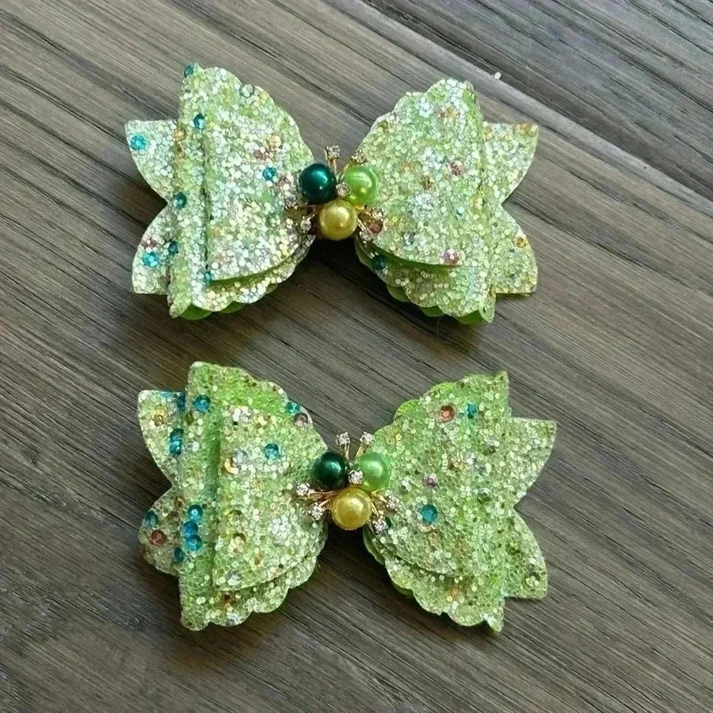 Hand crafted layered black glitter sparkle hair bows with pearls